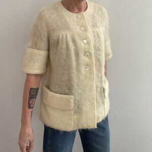 Vintage 50s Mohair Swing Coat – Handmade Cream Cardigan Jacket, S/M